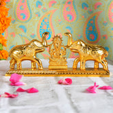 Gold Metal Plated Home Decor Idol Double Elephant with Shri Ganesh Ji Roli Chawal Storage Box Showpiece